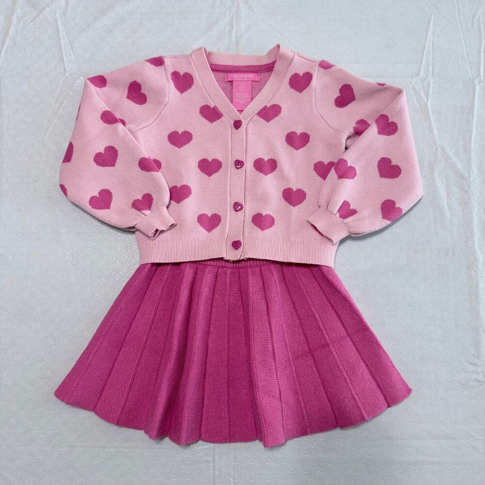 Isaac Mizrahi Girls Pink Heart Knit Cardigan & Pleated Skirt Set - Size 4T